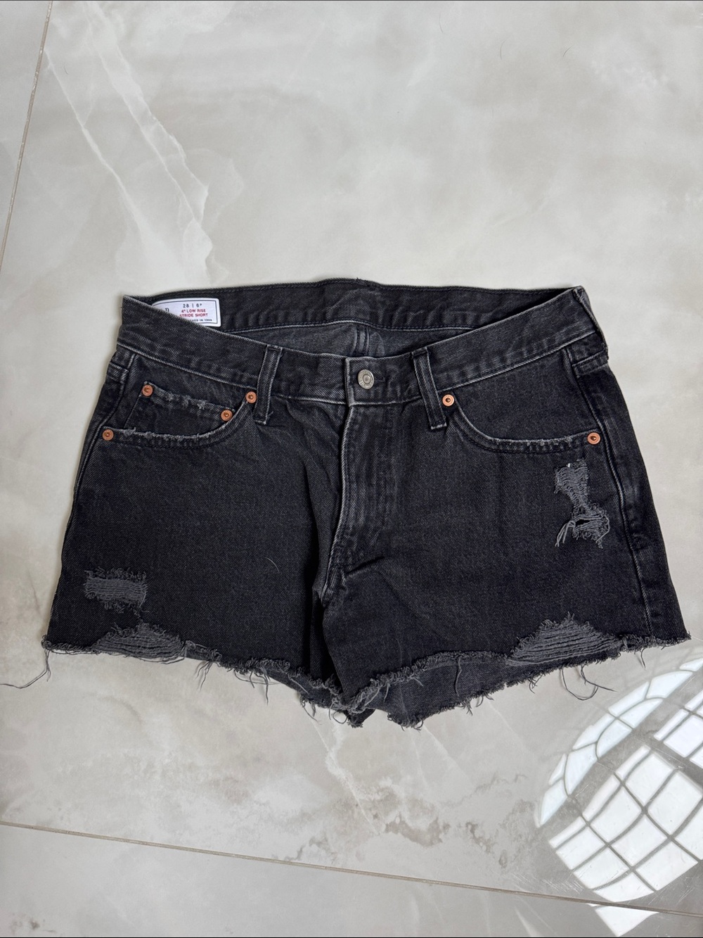 Gap Black 4” Low Rise Stride Distressed Denim Shorts